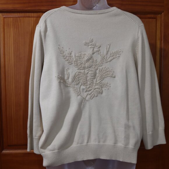 Liz Claiborne Cream Floral Appliqué Cotton Rayon Cardigan L Full Back Embroidery - Picture 10 of 16